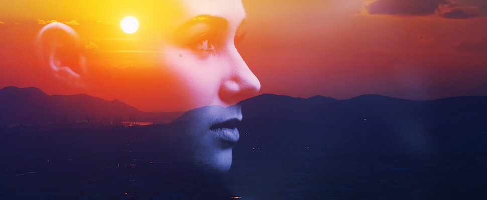 Double exposure face over sunset for chakra imbalances reveal your story of pain